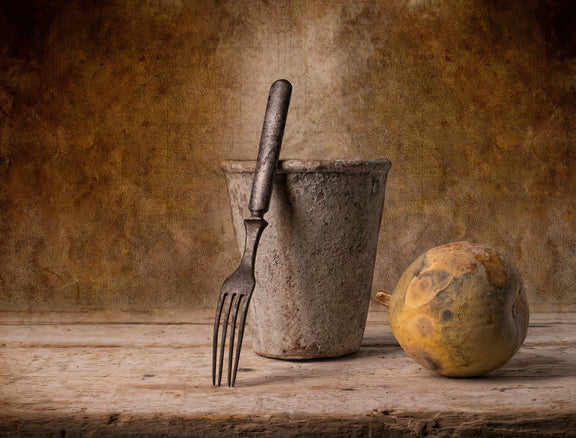 Rustic Cup, Fork and Pear on Table - Still Life Oil Painting - Oil Painting Haven
