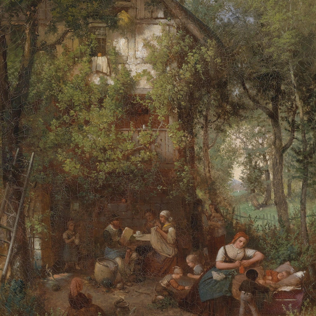 Rustic Family Life Outside Woodland Cottage - People Oil Painting - Oil Painting Haven