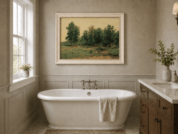Framed hand-painted rustic meadow oil painting with a stream and distant forest edge displayed above a freestanding bathtub.