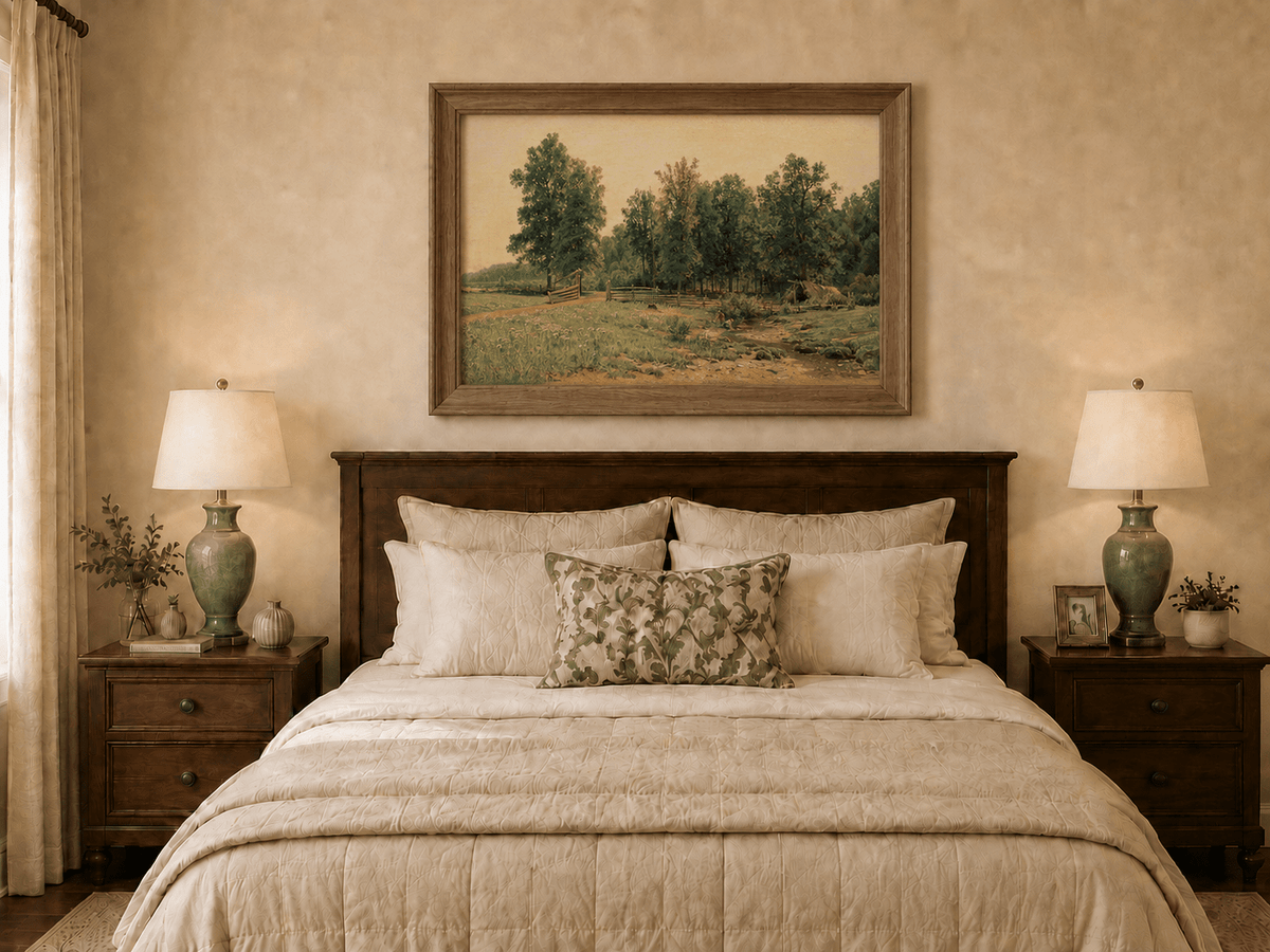 Framed hand-painted rustic meadow oil painting with a stream and distant forest edge displayed above a wooden bed in a neutral bedroom.