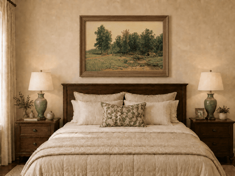 Framed hand-painted rustic meadow oil painting with a stream and distant forest edge displayed above a wooden bed in a neutral bedroom.