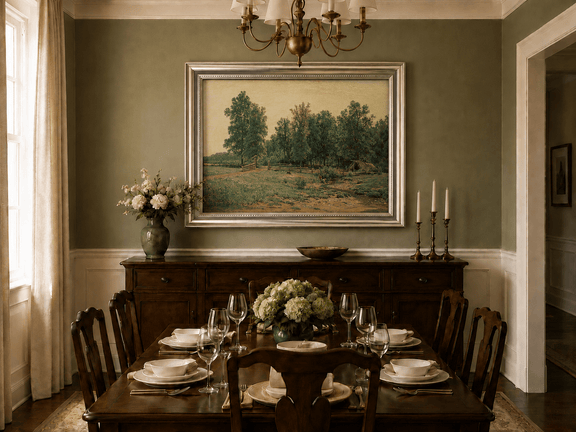 Framed hand-painted rustic meadow oil painting with a stream and distant forest edge displayed above a formal dining table.