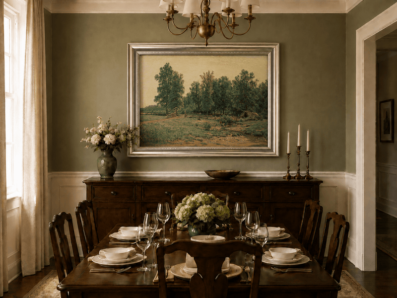 Framed hand-painted rustic meadow oil painting with a stream and distant forest edge displayed above a formal dining table.