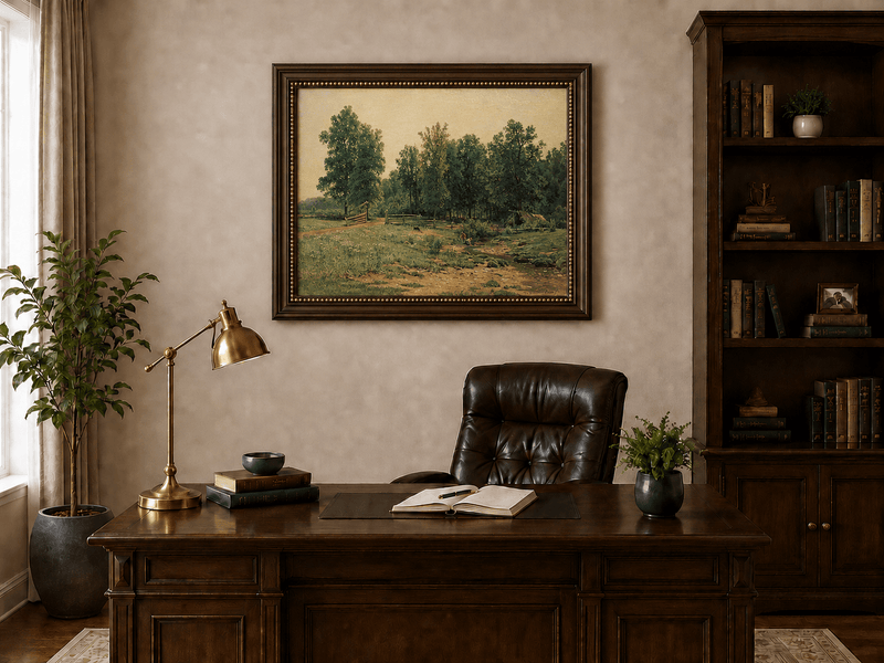 Framed hand-painted rustic meadow oil painting with a stream and distant forest edge displayed above a traditional home office desk.