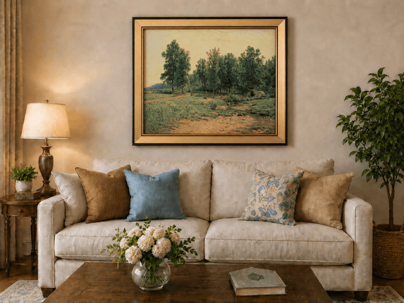 Framed hand-painted rustic meadow oil painting with a stream and distant forest edge displayed above a neutral living room sofa.