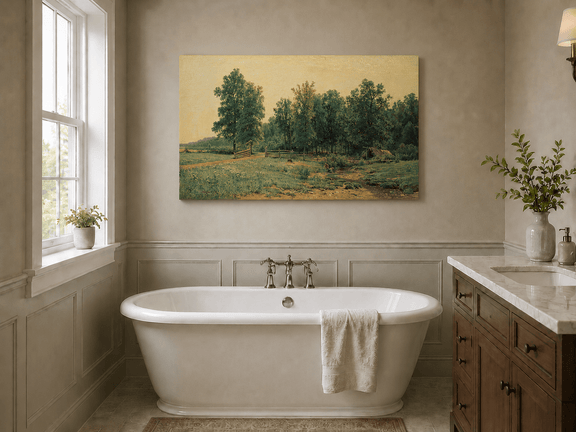 Unframed hand-painted rustic meadow oil painting with a stream and distant forest edge displayed above a freestanding bathtub.