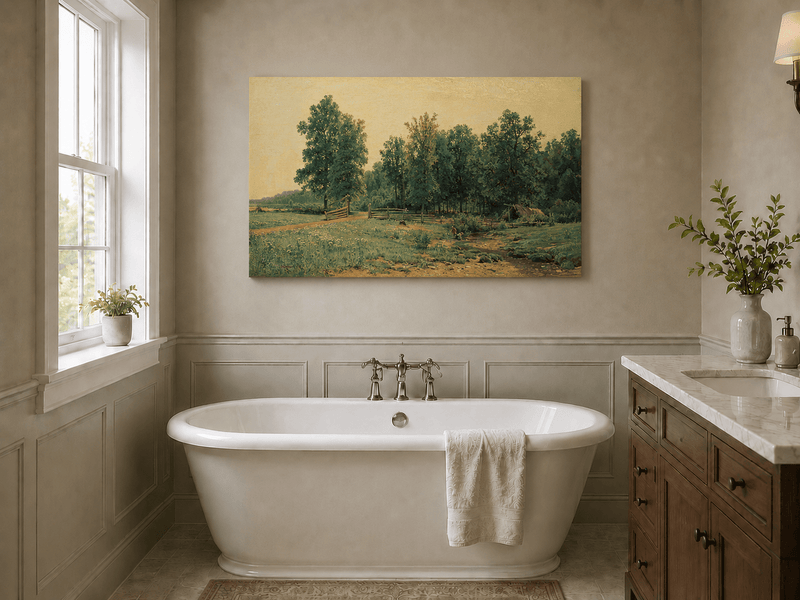 Unframed hand-painted rustic meadow oil painting with a stream and distant forest edge displayed above a freestanding bathtub.