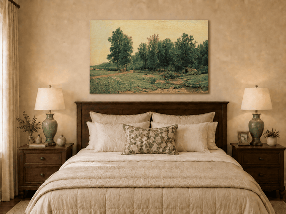 Unframed hand-painted rustic meadow oil painting with a stream and distant forest edge displayed above a wooden bed in a neutral bedroom.