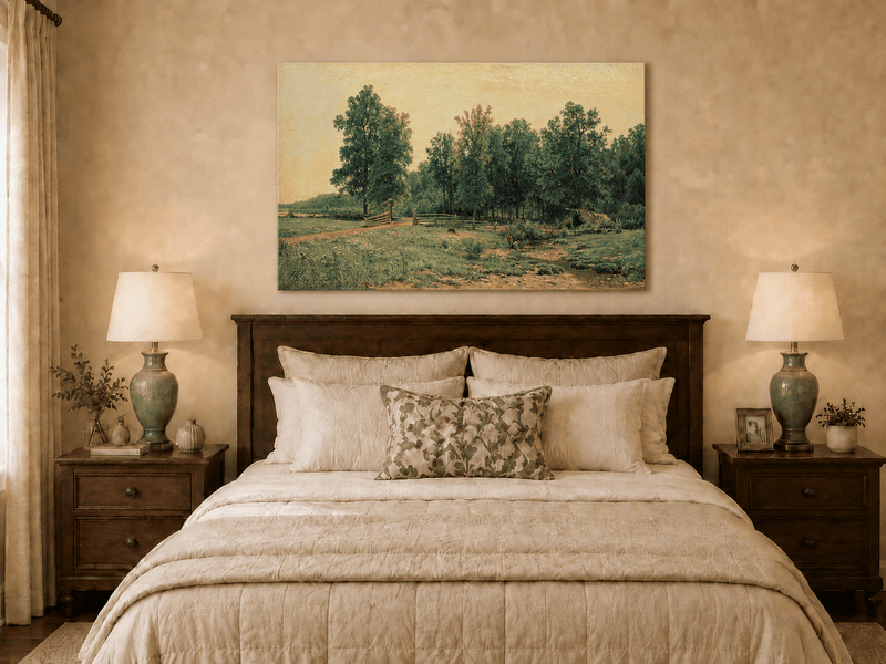 Unframed hand-painted rustic meadow oil painting with a stream and distant forest edge displayed above a wooden bed in a neutral bedroom.