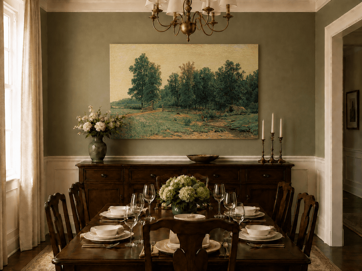 Unframed hand-painted rustic meadow oil painting with a stream and distant forest edge displayed above a formal dining table.