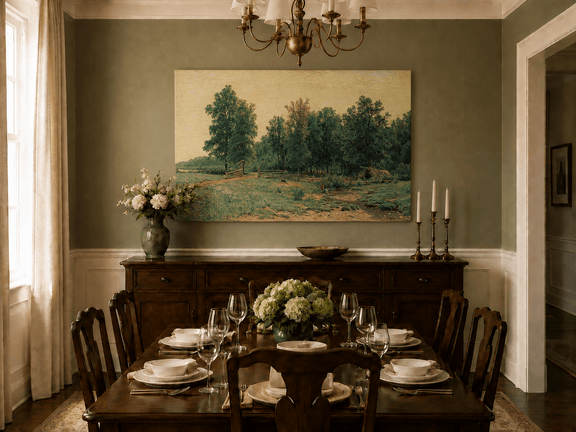 Unframed hand-painted rustic meadow oil painting with a stream and distant forest edge displayed above a formal dining table.
