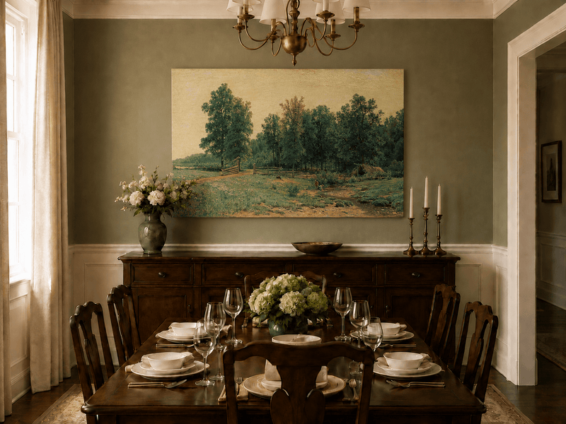 Unframed hand-painted rustic meadow oil painting with a stream and distant forest edge displayed above a formal dining table.