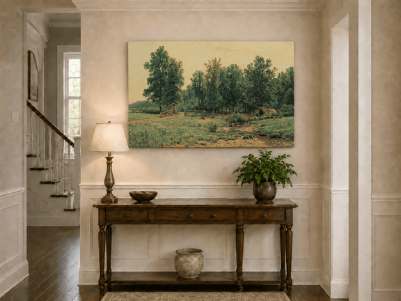 Unframed hand-painted rustic meadow oil painting with a stream and distant forest edge displayed above an entryway console table.