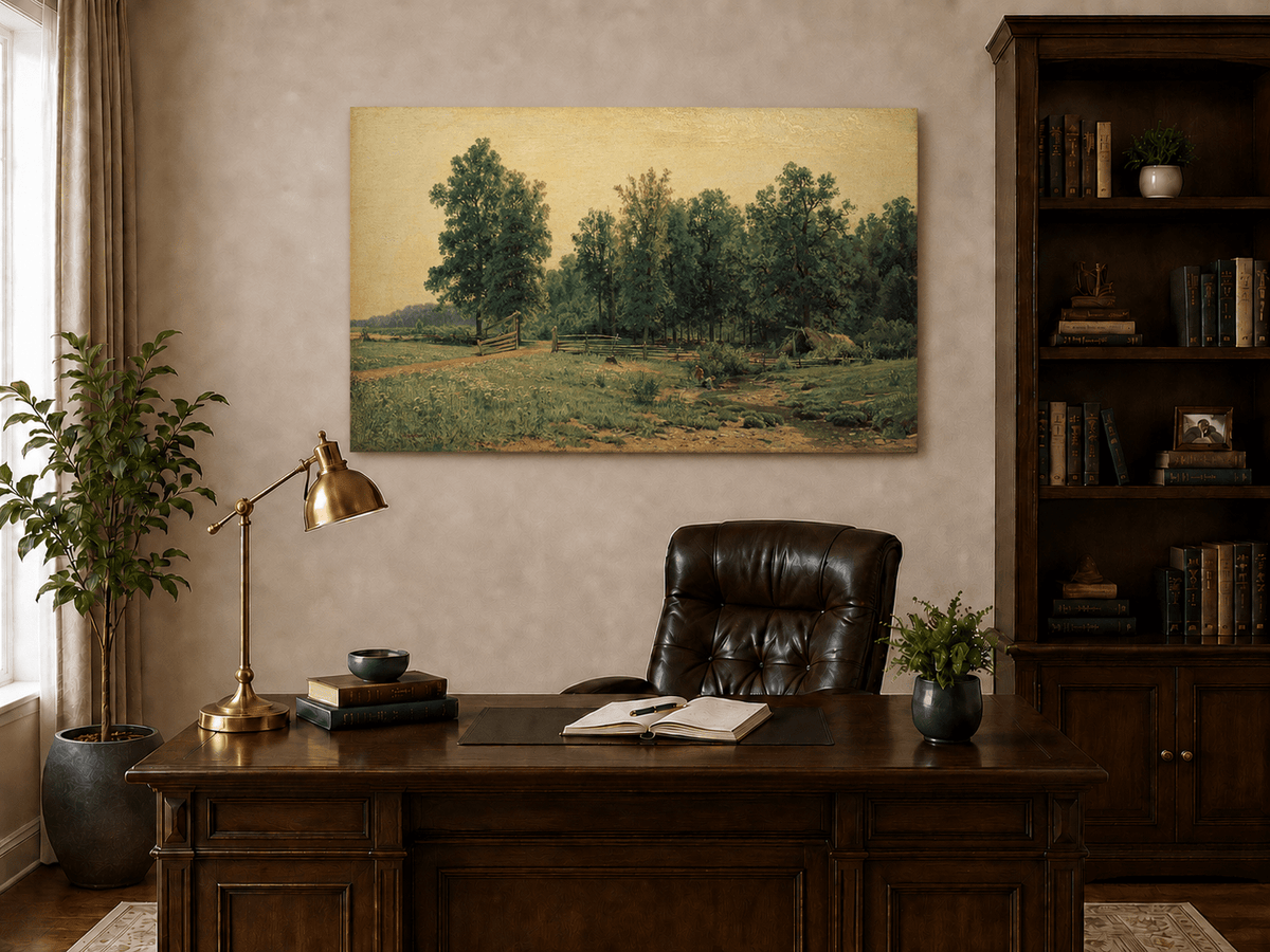 Unframed hand-painted rustic meadow oil painting with a stream and distant forest edge displayed above a traditional home office desk.