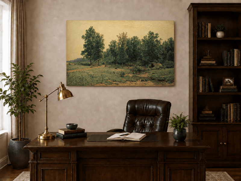 Unframed hand-painted rustic meadow oil painting with a stream and distant forest edge displayed above a traditional home office desk.