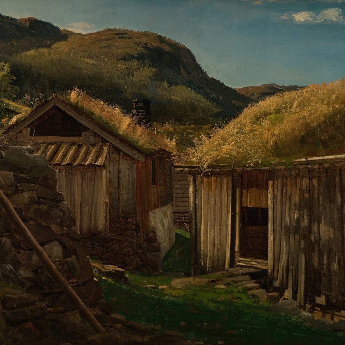 Hand-painted rustic mountain cabins with grass roofs landscape oil painting on canvas
