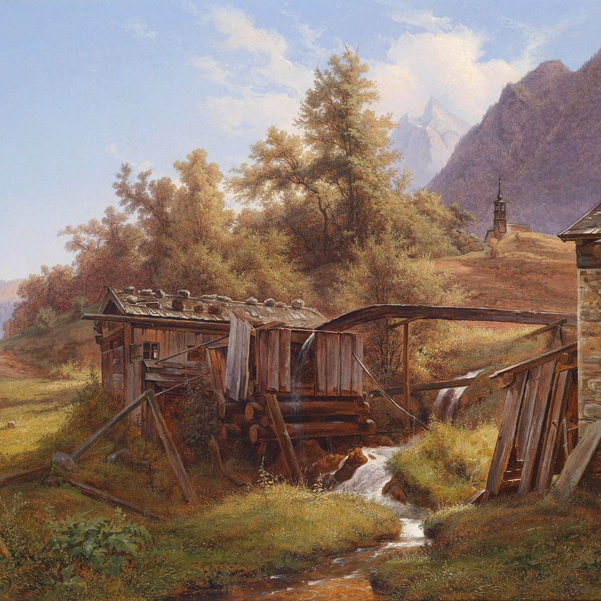 Rustic Mountain Mill by the Stream | Hand - Painted Landscape Oil Painting - Oil Painting Haven