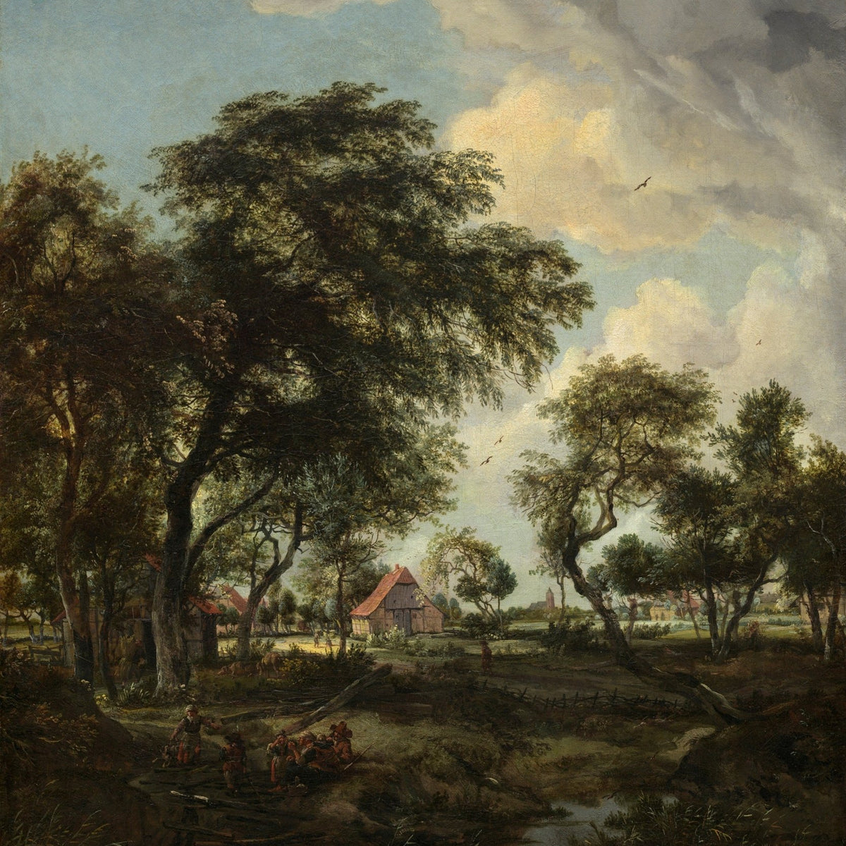 Hand-painted rustic village landscape with trees and stream oil painting on canvas