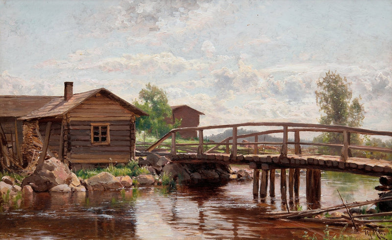 Rustic Wooden Bridge by Country Cottage – Hand - Painted Oil Painting - Oil Painting Haven