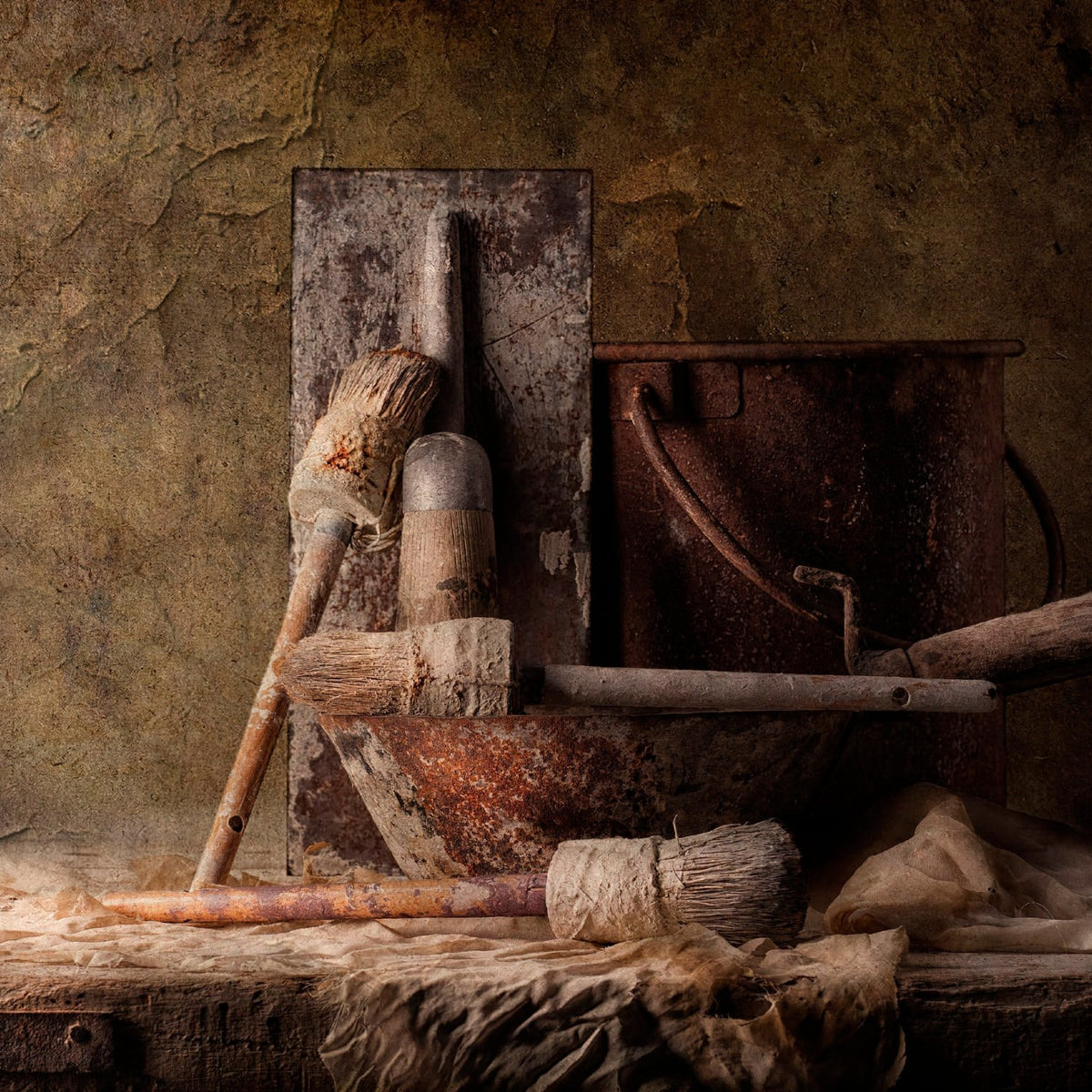 Rusty Bucket and Paint Brushes - Still Life Oil Painting - Oil Painting Haven