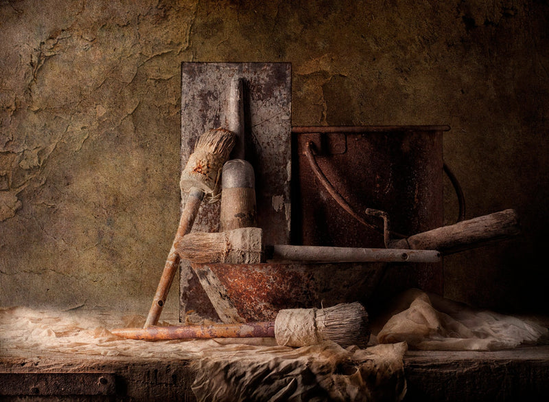 Rusty Bucket and Paint Brushes - Still Life Oil Painting - Oil Painting Haven
