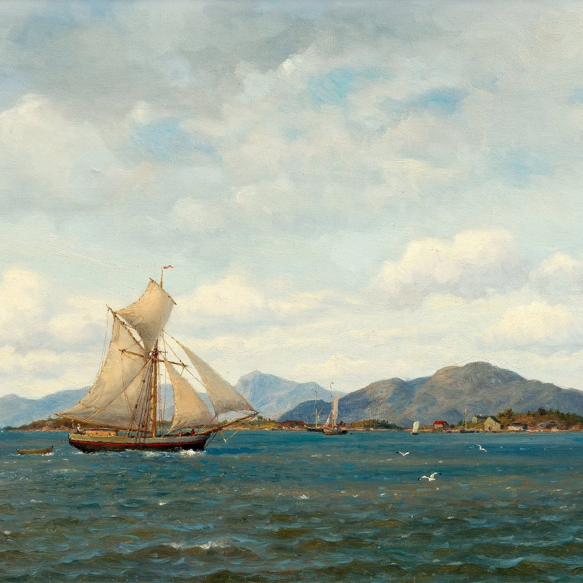Hand-painted sailboat by mountain coast nautical oil painting on canvas