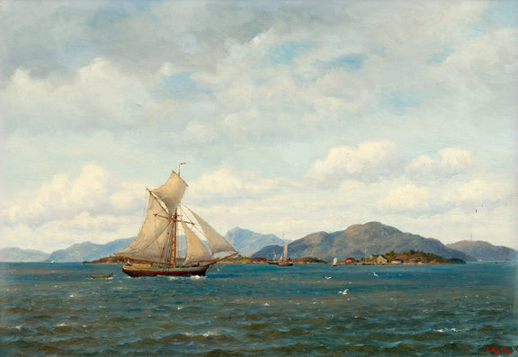 Hand-painted sailboat by mountain coast nautical oil painting on canvas