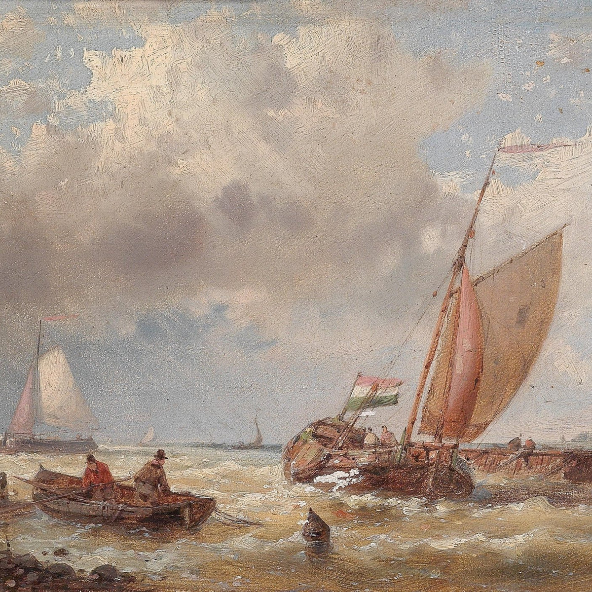 Hand-painted sailboat near coastal breakwater nautical oil painting on canvas