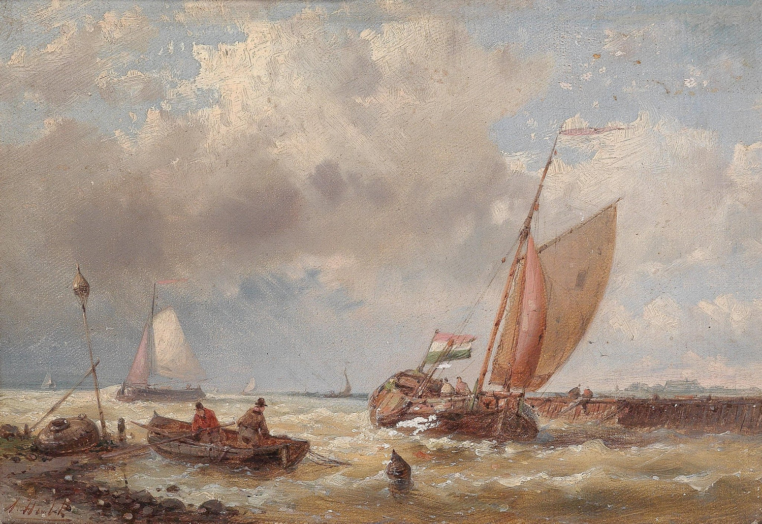 Hand-painted sailboat near coastal breakwater nautical oil painting on canvas