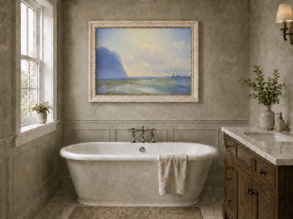 Hand-painted sailing beyond the blue cliff seascape oil painting displayed in a bathroom interior above a bathtub.