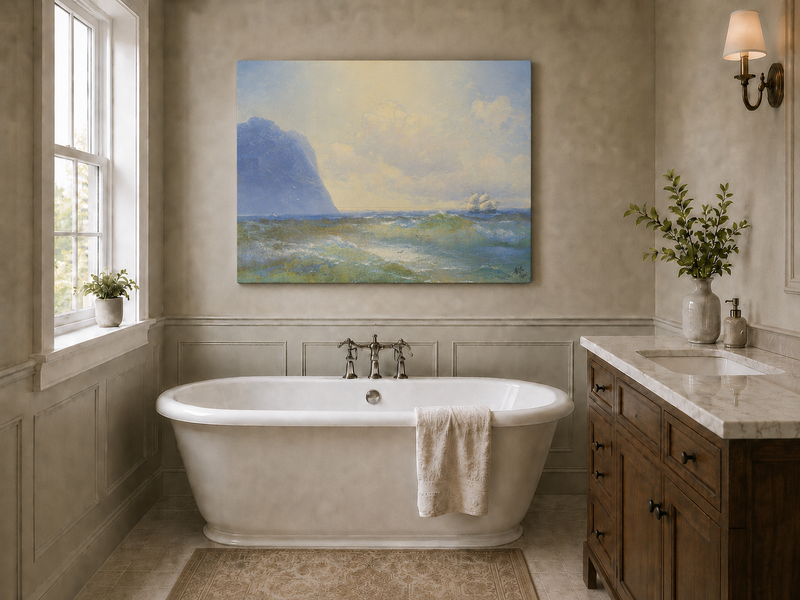 Hand-painted sailing beyond the blue cliff seascape oil painting displayed in a bathroom interior above a bathtub.
