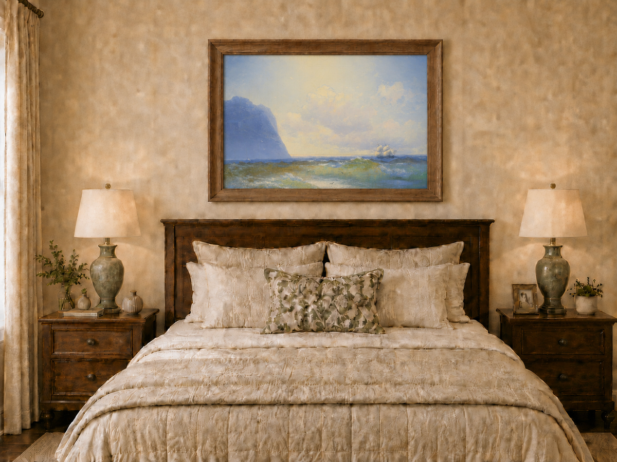 Hand-painted sailing beyond the blue cliff seascape oil painting displayed above a bed in a bedroom interior.