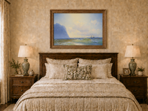 Hand-painted sailing beyond the blue cliff seascape oil painting displayed above a bed in a bedroom interior.