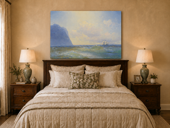 Hand-painted sailing beyond the blue cliff seascape oil painting displayed above a bed in a bedroom interior.