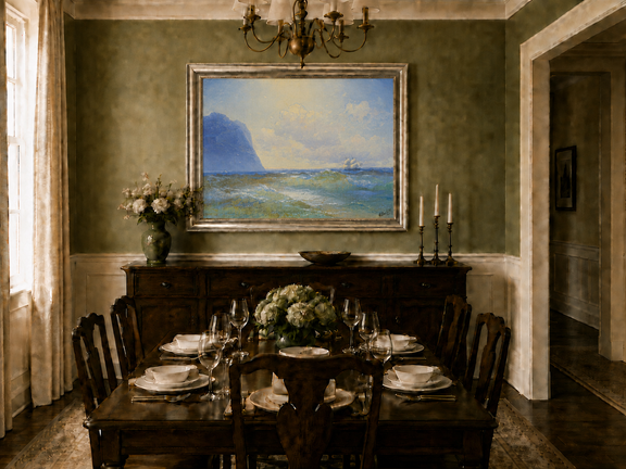 Hand-painted sailing beyond the blue cliff seascape oil painting displayed in a dining room interior.