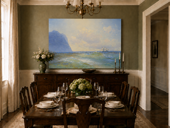Hand-painted sailing beyond the blue cliff seascape oil painting displayed in a dining room interior.