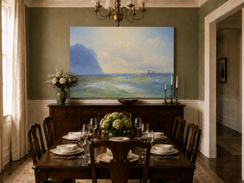 Hand-painted sailing beyond the blue cliff seascape oil painting displayed in a dining room interior.