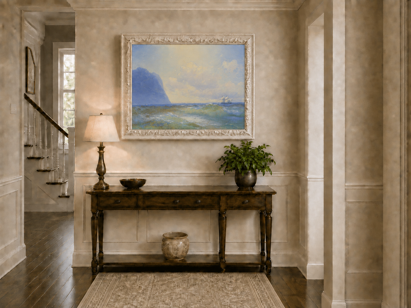 Hand-painted sailing beyond the blue cliff seascape oil painting displayed above a console table in a hallway interior.