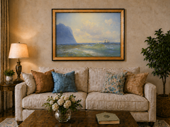 Hand-painted sailing beyond the blue cliff seascape oil painting displayed above a sofa in a living room interior.
