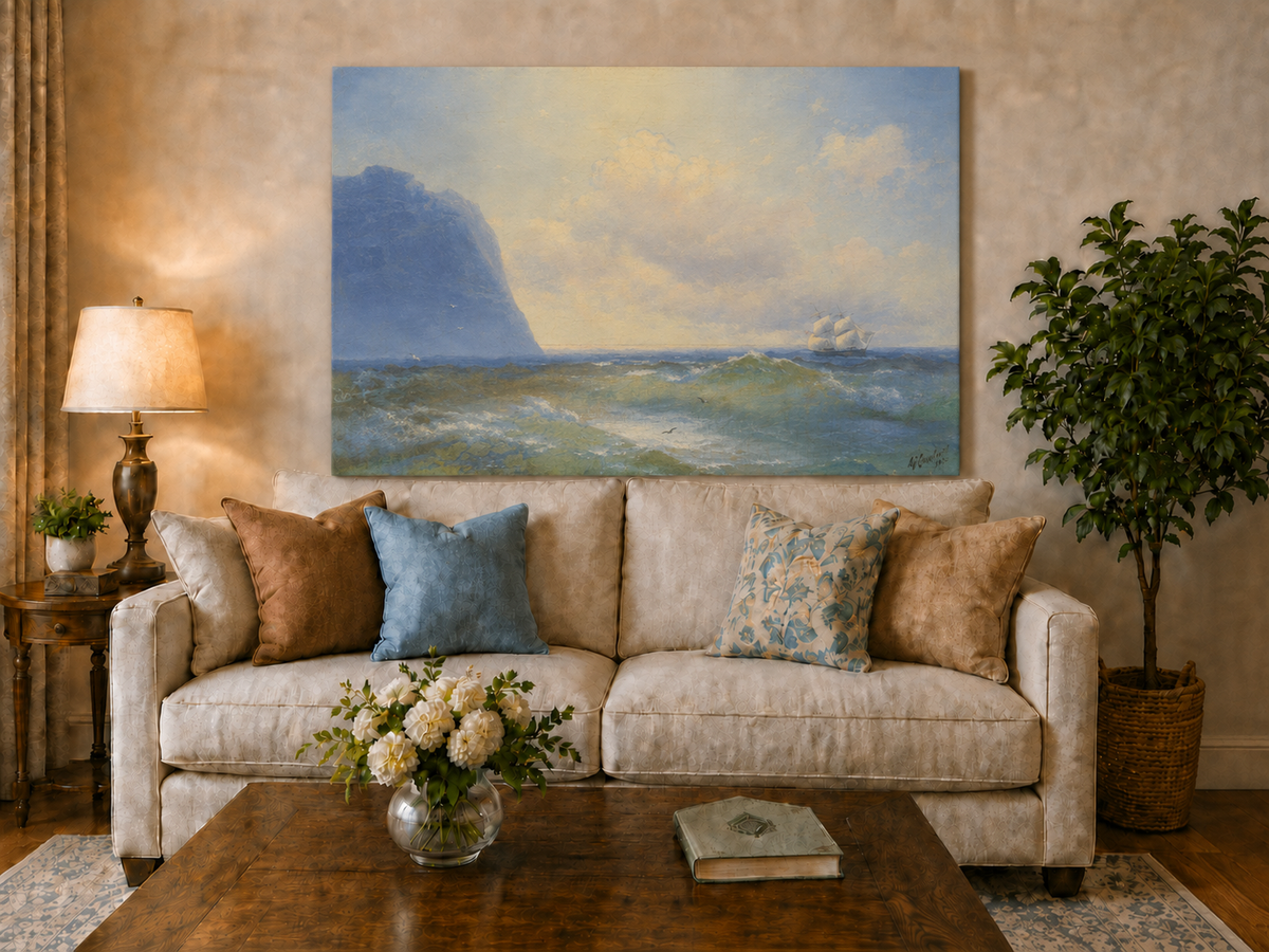 Hand-painted sailing beyond the blue cliff seascape oil painting displayed above a sofa in a living room interior.