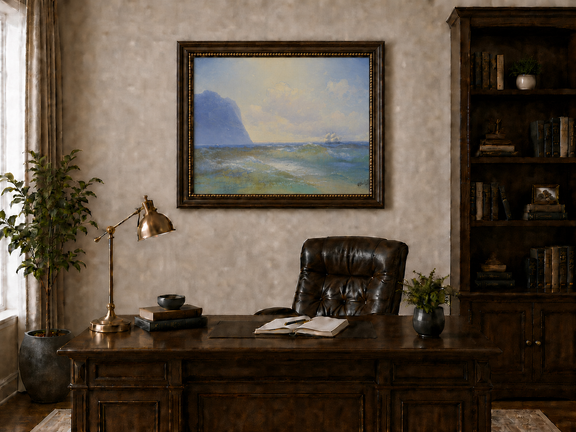Hand-painted sailing beyond the blue cliff seascape oil painting displayed above a desk in a home office interior.