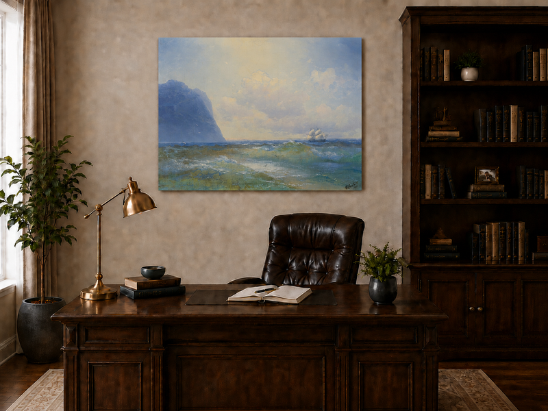 Hand-painted sailing beyond the blue cliff seascape oil painting displayed above a desk in a home office interior.
