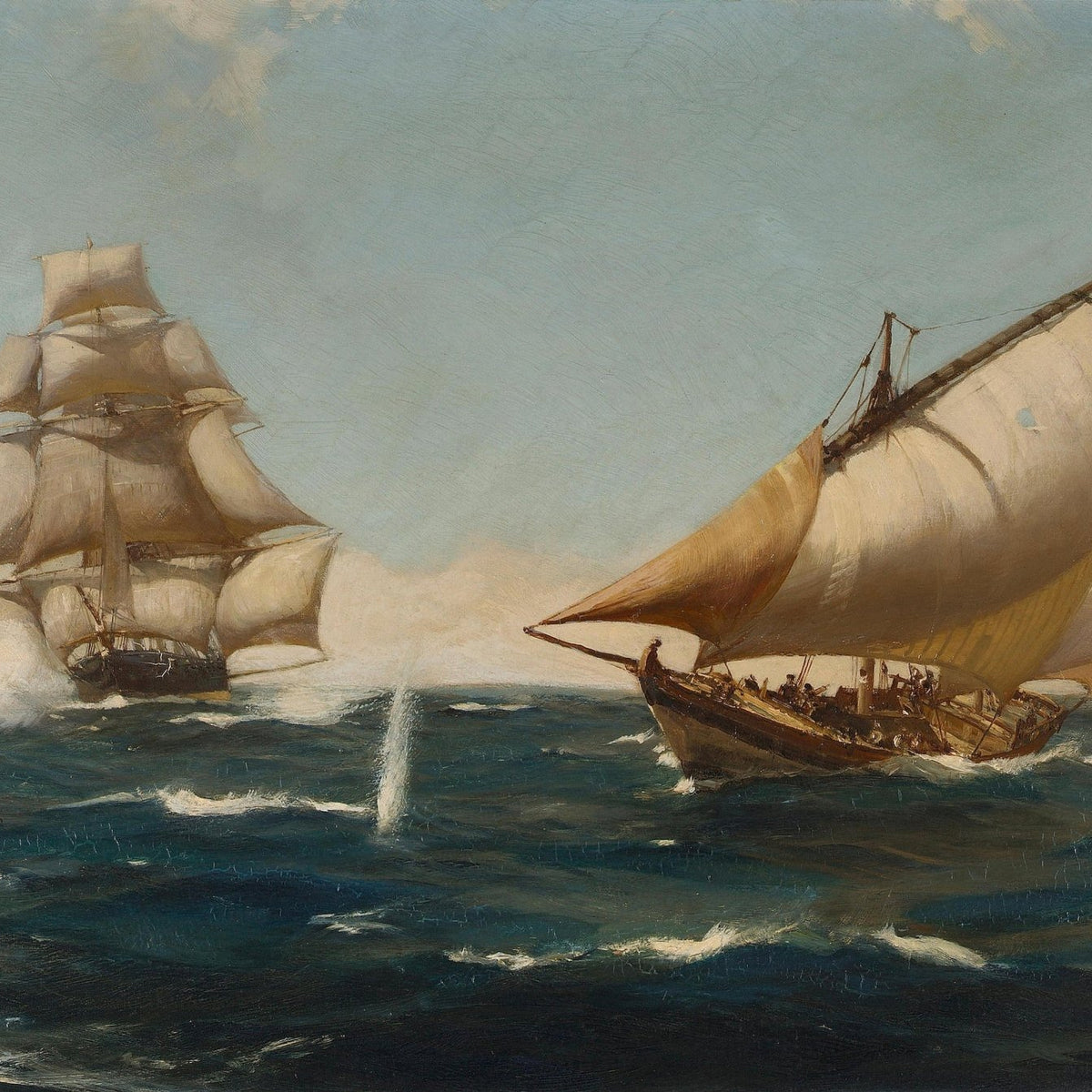 Hand-painted sailing duel on open waters nautical oil painting on canvas