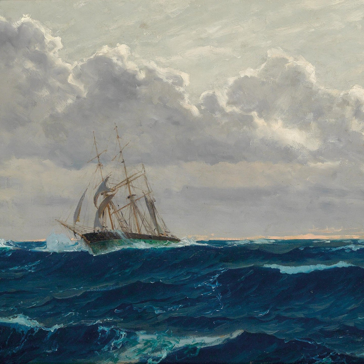 Hand-painted sailing ship in open sea nautical oil painting on canvas
