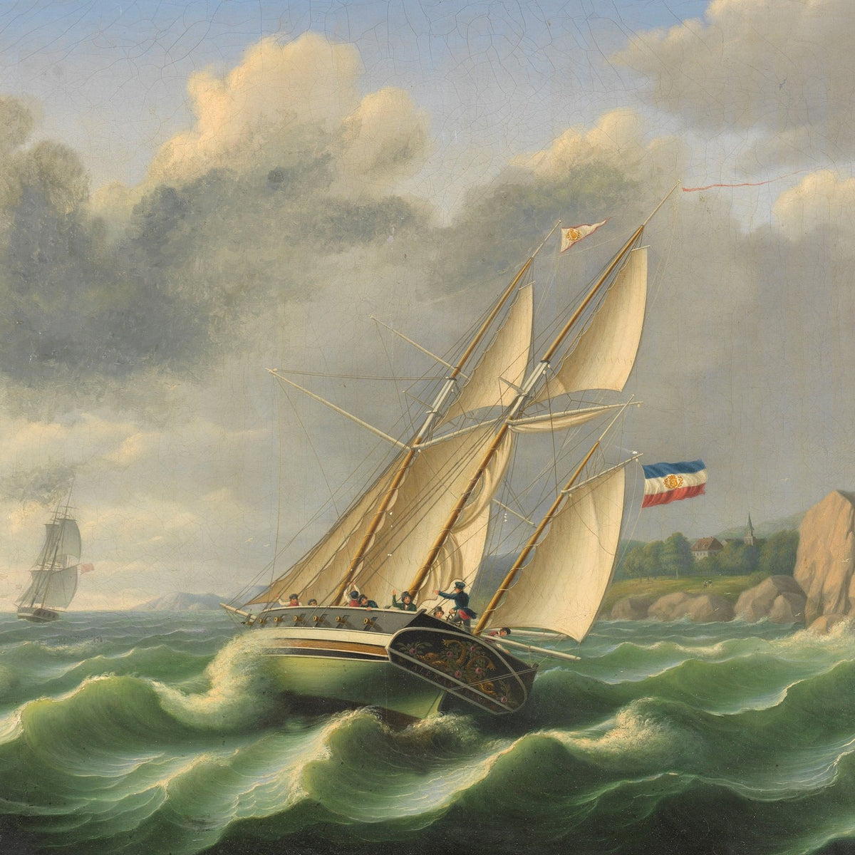 Hand-painted sailing ship in rolling waves nautical oil painting on canvas