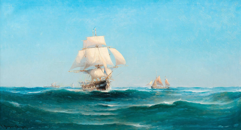 Hand-painted sailing ship on blue waves nautical oil painting on canvas