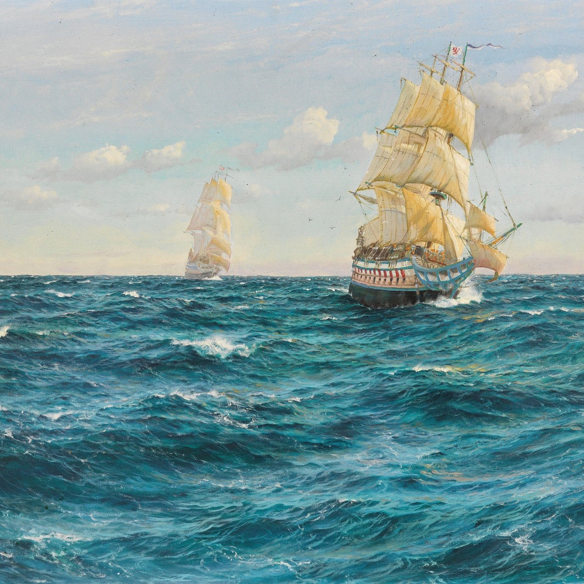 Hand-painted sailing ships on open sea nautical oil painting on canvas