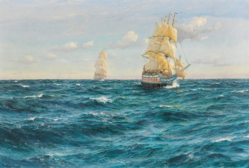 Hand-painted sailing ships on open sea nautical oil painting on canvas