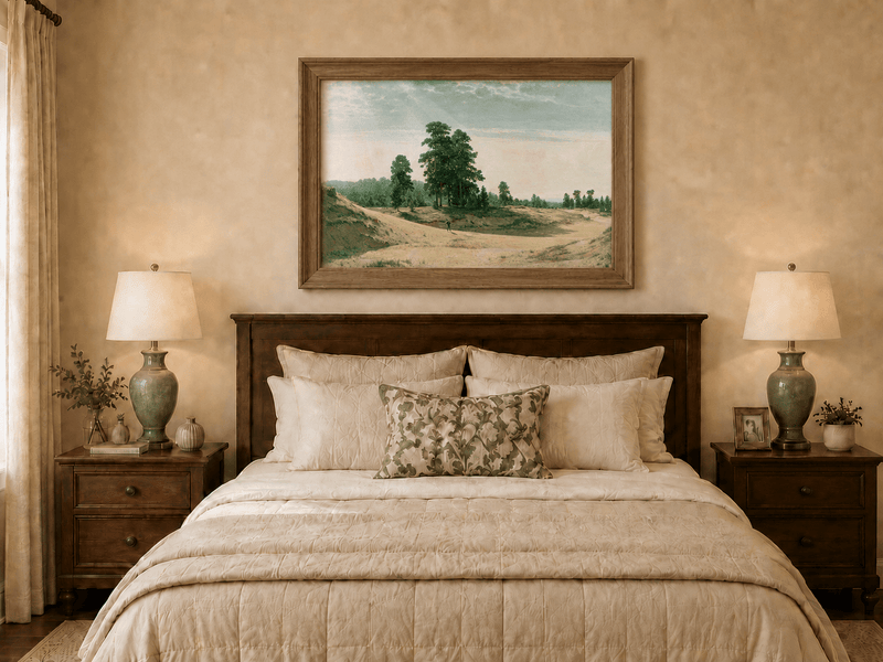 Framed hand-painted sandy forest clearing oil painting with a distant figure displayed above a wooden bed in a neutral bedroom.