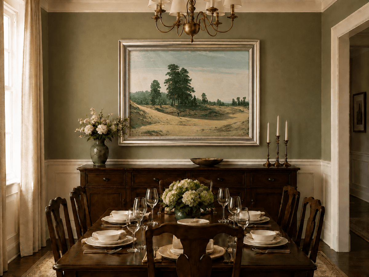 Framed hand-painted sandy forest clearing oil painting with a distant figure displayed above a formal dining table.